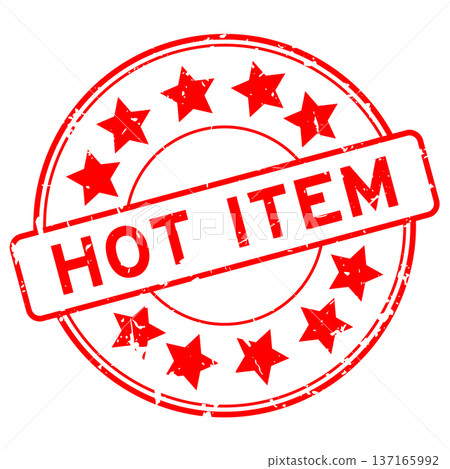 Grunge red hot item word with star icon round rubber seal stamp on white background 137165992