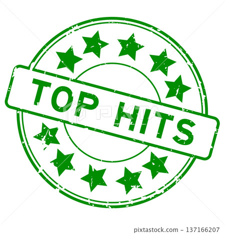 Grunge green top hits word with star icon round rubber seal stamp on white background Grunge green top hits word with star icon round rubber seal stamp on white background 137166207