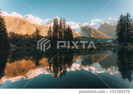 Scenic view of Mont Blanc massif reflecting in Lac des Gaillands during the sunset at France Scenic view of Mont Blanc massif reflecting in Lac des Gaillands during the sunset at France 137166376