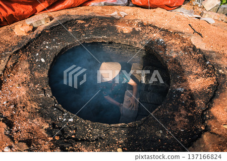 Above traditional pottery kiln with craftman arranging terracotta and clay tile in daylight 137166824