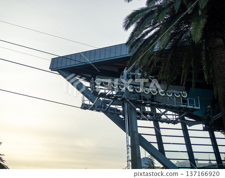 Lift to the mountain. Cable car mechanism. Cable car cabin. 137166920