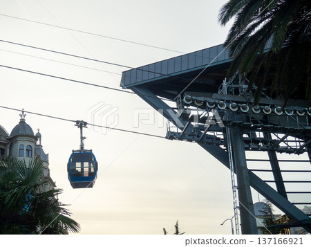 Lift to the mountain. Cable car mechanism. Cable car cabin. 137166921