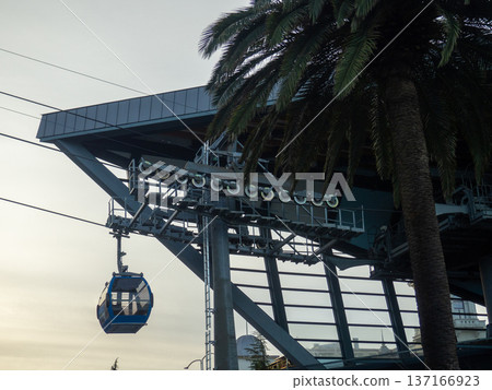Lift to the mountain. Cable car mechanism. Cable car cabin 137166923