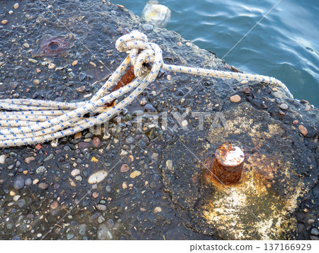 Place for attaching a small boat. Fittings for tying the mooring line. Mounting point. Small bollard on the pier. 137166929