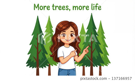 Educational message about concept of sustainable practices, with an illustration of a little girl pointing at trees. Environment and ecology Educational message about concept of sustainable practices, with an illustration of a little girl pointing at trees. Environment and ecology 137166957