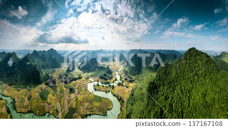 Phong Nam Valley with rice field and river flows through traditional village in countryside 137167108