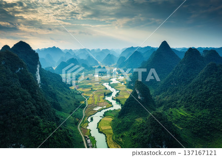 Phong Nam Valley with rice field and river flows through traditional village in countryside 137167121