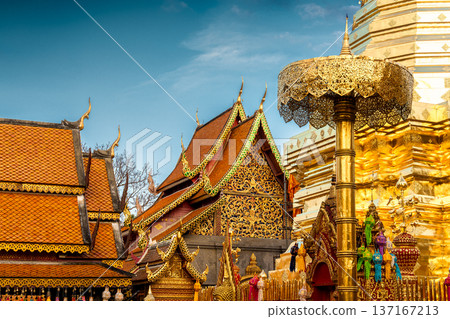 Wat Phra That Doi Suthep with golden pagoda in famous temple on Doi Suthep at Chiang Mai, Thailand 137167213
