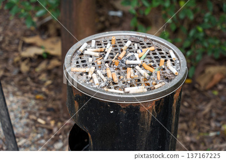 Ashtray filled with many used cigarette butts and ashes, smorking filter and health concerns Ashtray filled with many used cigarette butts and ashes, smorking filter and health concerns 137167225