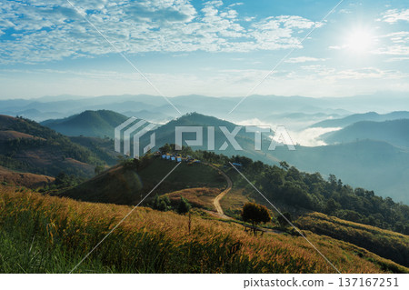 Sunrise shines over mountain with homestay during harvest at Mae Jam Sunrise shines over mountain with homestay during harvest at Mae Jam 137167251