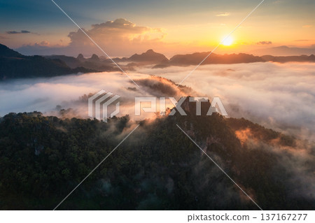 Golden sunrise over foggy mountain in countryside at tribe village of Ban Jabo Golden sunrise over foggy mountain in countryside at tribe village of Ban Jabo 137167277
