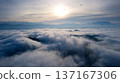 Sunrise over misty mountain and birds flying in early morning 137167306