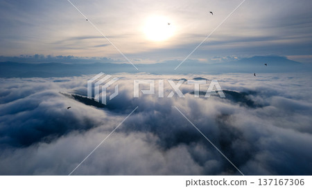 Sunrise over misty mountain and birds flying in early morning 137167306
