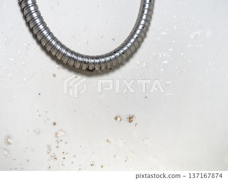 Mold on the surface of the bathroom. Dark mold close-up on bathroom enamel.  The concept of the appearance of bacteria. Shower hose 137167874