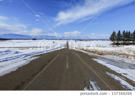 Winter in Hokkaido: A panorama of a straight road and mountains surrounded by snow 137168268