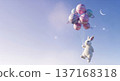 White bunny holding pastel planet balloons in soft sky, whimsical dream universe 137168318