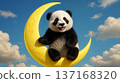 Cute panda sitting on yellow crescent moon in blue cloudy sky, magical dream fantasy and childhood wonder concept 137168320