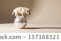 Small puppy balancing on giant pearl in beige minimal luxury surreal scene 137168321