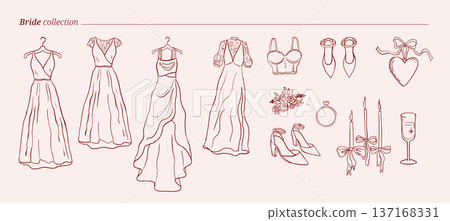 Vintage bridal accessories. Hand drawn whimsical drawings of wedding dresses, shoes, flowers and Vintage bridal accessories. Hand drawn whimsical drawings of wedding dresses, shoes, flowers and 137168331