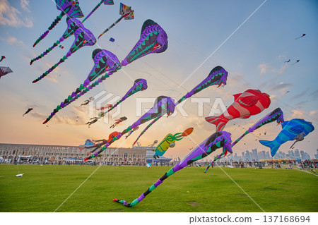 Doha, Qatar - January 20 2026: Qatar Kite Festival 2026 in Old Doha port (Mina District) sunset shot showing spectacular showcase of colorful kites soaring across the picturesque Doha skyline. Doha, Qatar - January 20 2026: Qatar Kite Festival 2026 in Old Doha port (Mina District) sunset shot showing spectacular showcase of colorful kites soaring across the picturesque Doha skyline. 137168694
