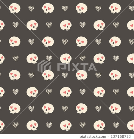 Skulls with heart eyes and doodle hearts seamless pattern 137168753