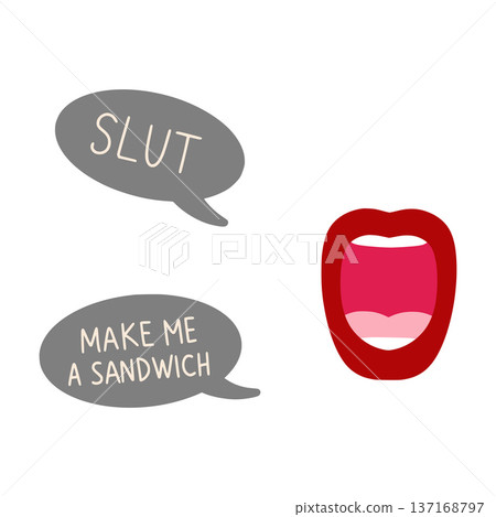Open mouth with speech bubbles showing misogynistic phrases 137168797