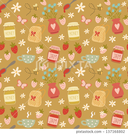 Cottagecore seamless pattern with bees and strawberries Cottagecore seamless pattern with bees and strawberries 137168802