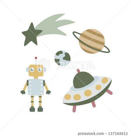 Robot exploring space with spaceship, planets, and shooting star Robot exploring space with spaceship, planets, and shooting star 137168812
