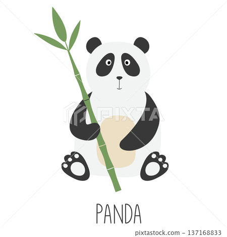 Cute panda bear cartoon holding green bamboo stalk 137168833