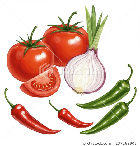 Fresh Red Tomatoes Green Chili Peppers and White Onion Still Life Fresh Red Tomatoes Green Chili Peppers and White Onion Still Life 137168905