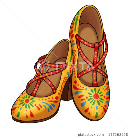 Pair of Yellow Floral Painted High Heels 137168938