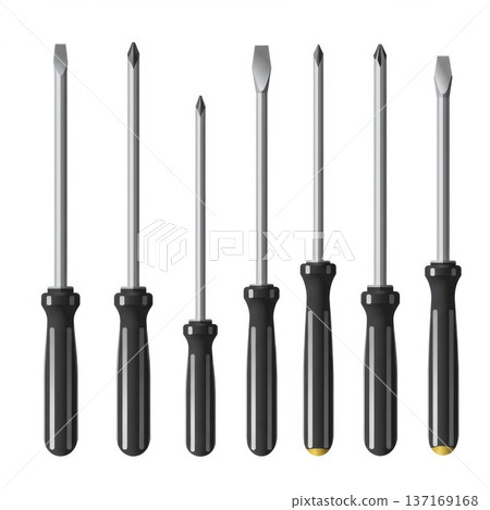 Assortment of Black and Silver Screwdrivers on White Background 137169168