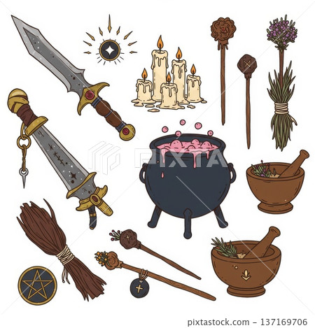 Fantasy Witchcraft Illustration with Cauldron and Swords 137169706