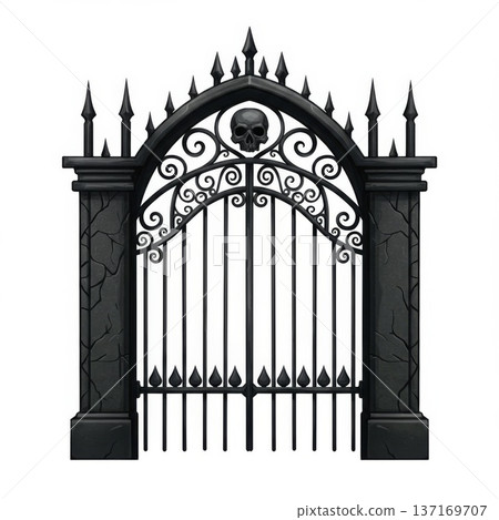 Gothic Black Metal Gate with Skull Detail 137169707
