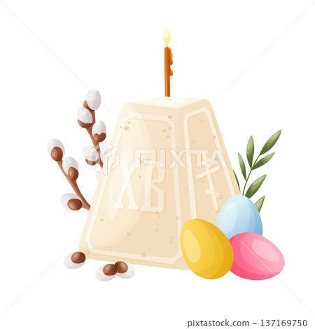 Orthodox Easter cottage cheese pyramid with candle, willow branches and colored eggs. Soft flat vector style. Traditional religious festive object. Ideal for greeting cards, church materials 137169750