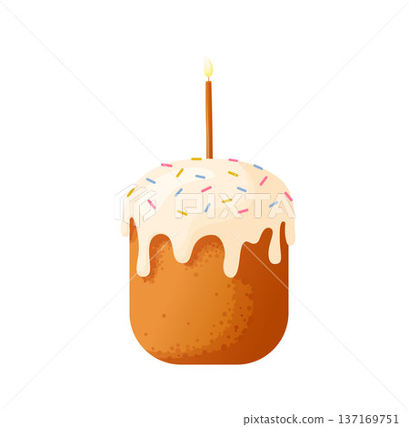Easter cake with white icing, colorful sprinkles and lit candle.Soft pastel flat vector style. Traditional sweet bakery object perfect for holiday greeting cards, church flyers, packaging, seasonal 137169751