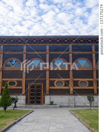 Part of a wooden structure. Theater made of wood. Architecture made from natural materials.  Summer theater in Batumi 137170274