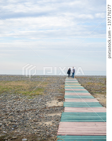 A couple holding hands walks along the path to the sea. Lovers against the backdrop of the sea. Silhouettes of people. 137170277