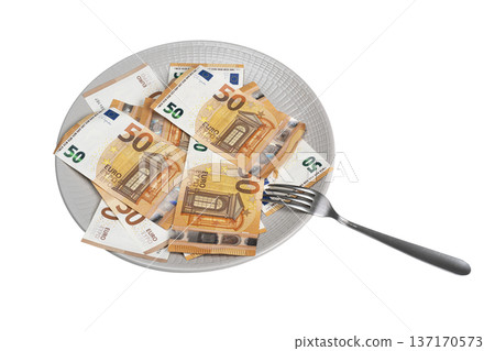 a plate with cutlery full of euro banknotes a plate with cutlery full of euro banknotes 137170573