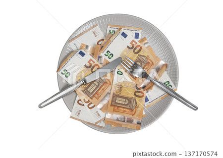 a plate with cutlery full of euro banknotes a plate with cutlery full of euro banknotes 137170574