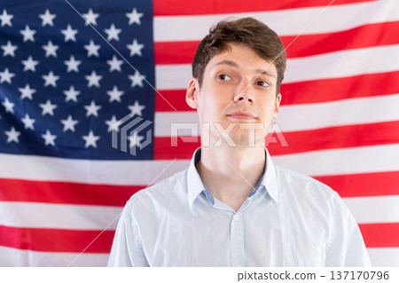 Student on background of flag of the United States of America Student on background of flag of the United States of America 137170796