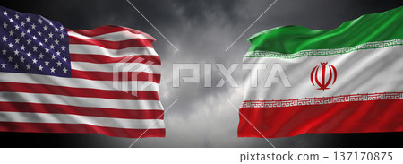United States of America and Iran Flags Facing Each Other Aganist Dramatic Cloudy Sky. United States of America and Iran Flags Facing Each Other Aganist Dramatic Cloudy Sky. 137170875