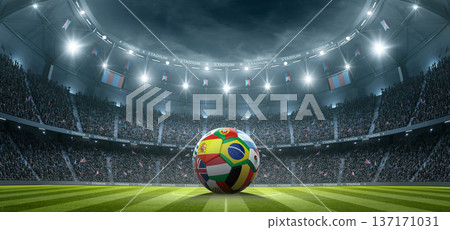 Football with international flags in the stadium at night. Football with international flags in the stadium at night. 137171031