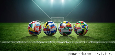 Balls covered with national flags in the stadium. Balls covered with national flags in the stadium. 137171039
