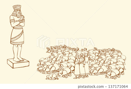 Vector drawing. People bowing befor idol Vector drawing. People bowing befor idol 137171064