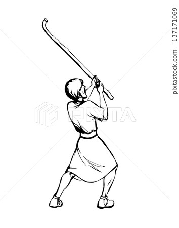 Vector drawing. Man with stick 137171069