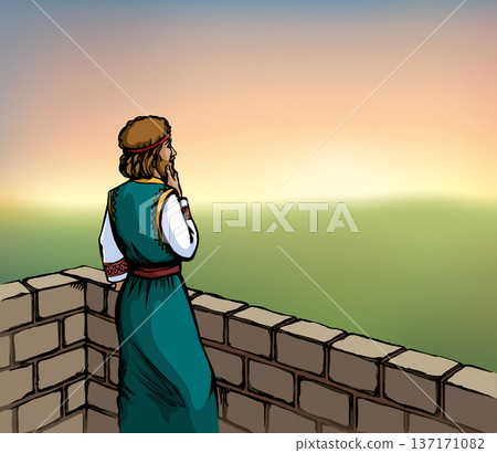 Vector drawing. King David on the roof of palace 137171082