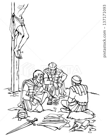 Vector drawing. Soldiers at the cross. 137171093