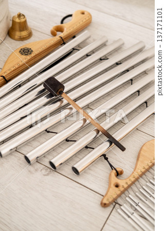 Chime sound. Healing meditation. Musical tool for therapy wellness retreat bell instrument for relaxing yoga calming healthy treatment. Chime sound. Healing meditation. Musical tool for therapy wellness retreat bell instrument for relaxing yoga calming healthy treatment. 137171101