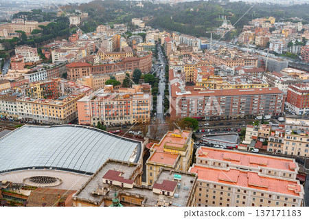 View of urban landscape in Rome showing buildings and streets after rain 137171183